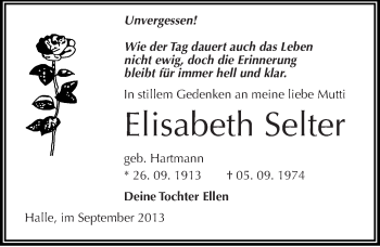 Traueranzeige von Elisabeth Selter von Mitteldeutsche Zeitung Halle/Saalkreis
