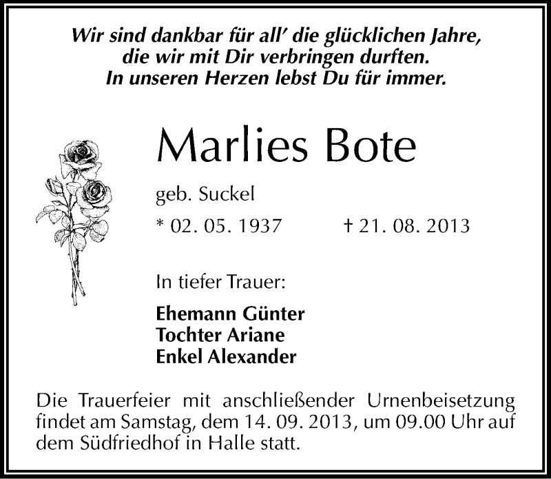  Traueranzeige für Marlies Bote vom 07.09.2013 aus Mitteldeutsche Zeitung Halle/Saalkreis