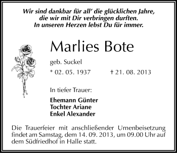 Traueranzeige von Marlies Bote von Mitteldeutsche Zeitung Halle/Saalkreis