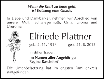 Traueranzeige von Elfriede Plattner von Mitteldeutsche Zeitung Halle/Saalkreis