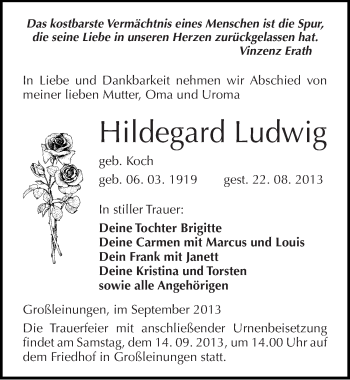 Traueranzeige von Hildegard Ludwig von Mitteldeutsche Zeitung Sangerhausen