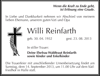 Traueranzeige von Willi Reinfarth von Mitteldeutsche Zeitung Halle/Saalkreis