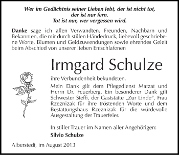 Traueranzeige von Irmgard Schulze von Mitteldeutsche Zeitung Merseburg/Querfurt