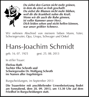 Traueranzeige von Hans-Joachim Schmidt von Mitteldeutsche Zeitung Naumburg/Nebra
