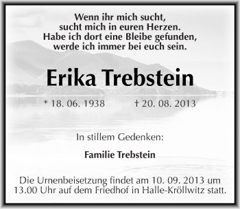 Traueranzeige von Erika Trebstein von Mitteldeutsche Zeitung Halle/Saalkreis