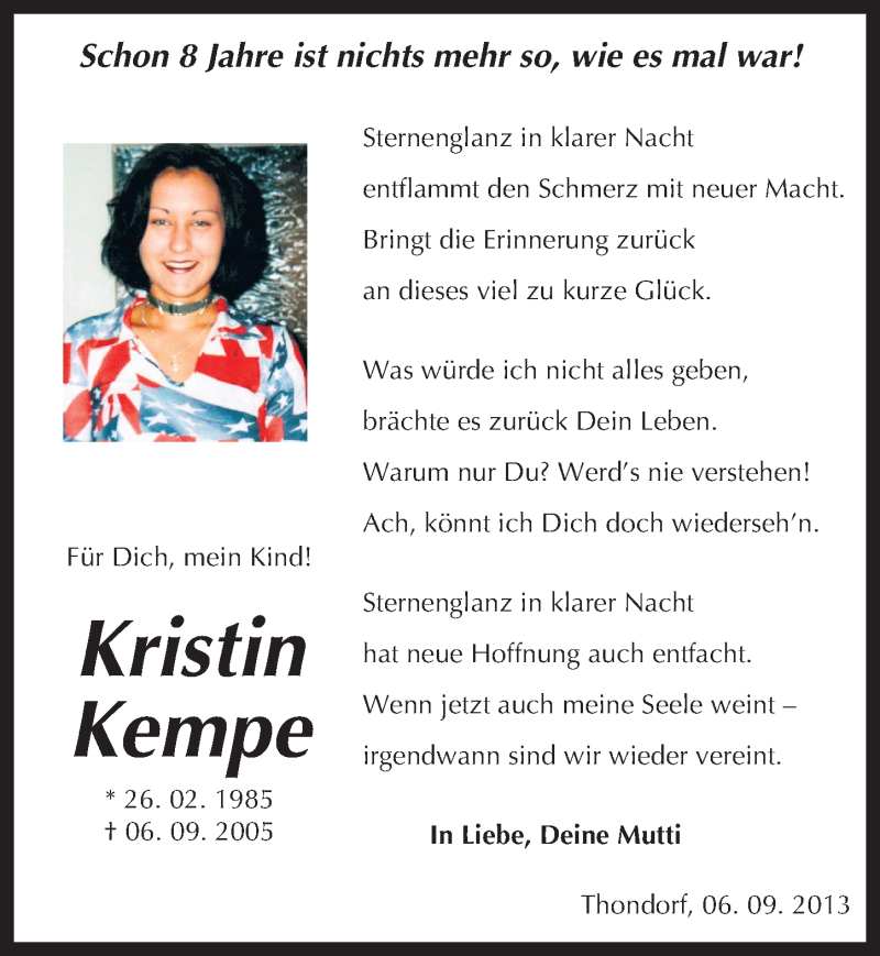  Traueranzeige für Kristin Kempe vom 06.09.2013 aus Mitteldeutsche Zeitung Mansfelder Land