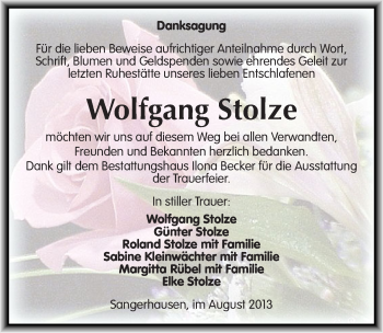 Traueranzeige von Wolfgang Stolze von Mitteldeutsche Zeitung Sangerhausen