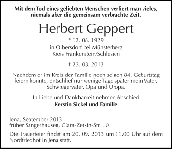 Traueranzeige von Herbert Geppert von Mitteldeutsche Zeitung Sangerhausen