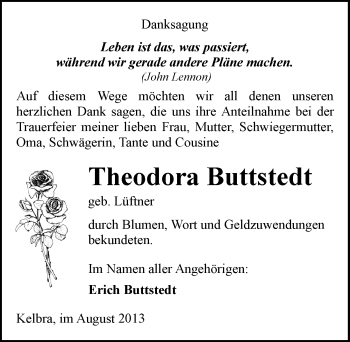 Traueranzeige von Theodora Buttstedt von Mitteldeutsche Zeitung Sangerhausen