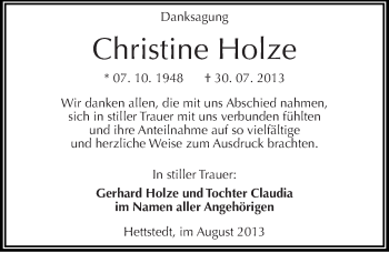 Traueranzeige von Christine Holze von Mitteldeutsche Zeitung Mansfelder Land