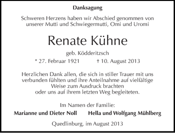 Traueranzeige von Renate Kühne von Mitteldeutsche Zeitung Quedlinburg