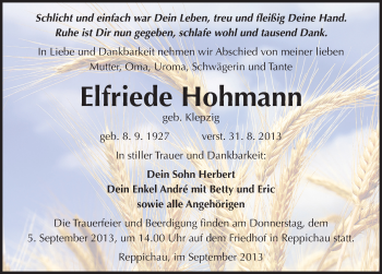 Traueranzeige von Elfriede Hohmann von Mitteldeutsche Zeitung Köthen