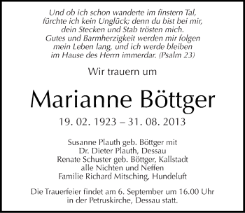 Traueranzeige von Marianne Böttger von Mitteldeutsche Zeitung Dessau-Roßlau