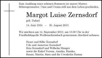Traueranzeige von Margot Luise Zernsdorf von Mitteldeutsche Zeitung Merseburg/Querfurt