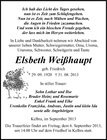 Traueranzeige von Elsbeth Weißhaupt von Mitteldeutsche Zeitung Sangerhausen