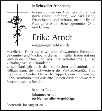 Traueranzeige von Erika Arndt von Mitteldeutsche Zeitung Mansfelder Land