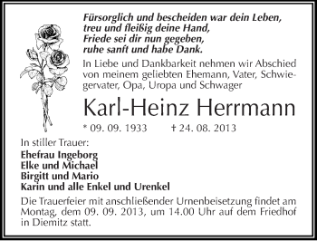Traueranzeige von Karl-Heinz Herrmann von Mitteldeutsche Zeitung Halle/Saalkreis