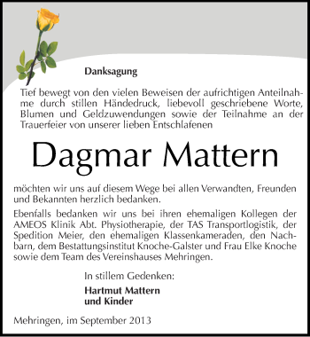 Traueranzeige von Dagmar Mattern von Mitteldeutsche Zeitung Aschersleben