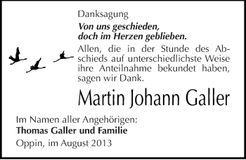 Traueranzeige von Martin Johann Galler von Mitteldeutsche Zeitung Halle/Saalkreis