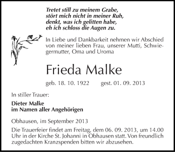 Traueranzeige von Frieda Malke von Mitteldeutsche Zeitung Merseburg/Querfurt