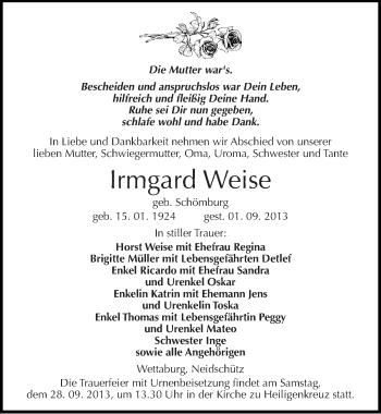 Traueranzeige von Irmgard Weise von Mitteldeutsche Zeitung Naumburg/Nebra