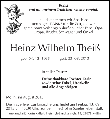 Traueranzeige von Heinz Wilhelm Theiß von Mitteldeutsche Zeitung Mansfelder Land
