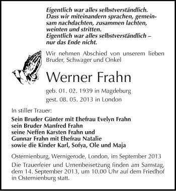 Traueranzeige von Werner Frahn von Mitteldeutsche Zeitung Köthen