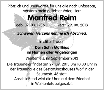 Traueranzeige von Manfred Reim von Mitteldeutsche Zeitung Weißenfels