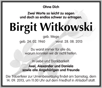 Traueranzeige von Birgit Witkowski von Mitteldeutsche Zeitung Mansfelder Land
