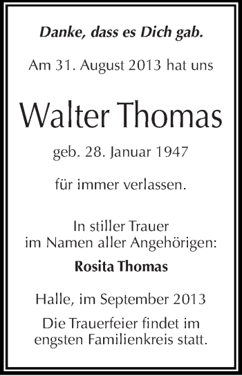 Traueranzeige von Walter Thomas von Mitteldeutsche Zeitung Halle/Saalkreis