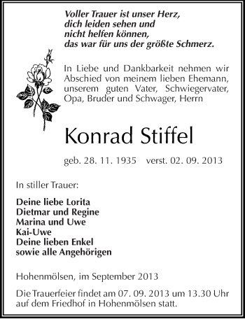 Traueranzeige von Konrad Stiffel von Mitteldeutsche Zeitung Weißenfels