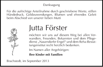 Traueranzeige von Jutta Förster von Mitteldeutsche Zeitung Halle/Saalkreis
