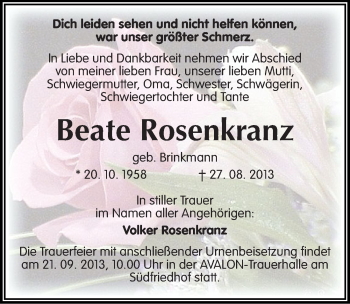 Traueranzeige von Beate Rosenkranz von Mitteldeutsche Zeitung Halle/Saalkreis