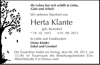 Traueranzeige von Herta Klante von Mitteldeutsche Zeitung Dessau-Roßlau