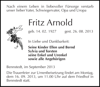 Traueranzeige von Fritz Arnold von Mitteldeutsche Zeitung Halle/Saalkreis
