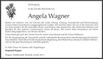Traueranzeige von Angela Wagner von Mitteldeutsche Zeitung Aschersleben