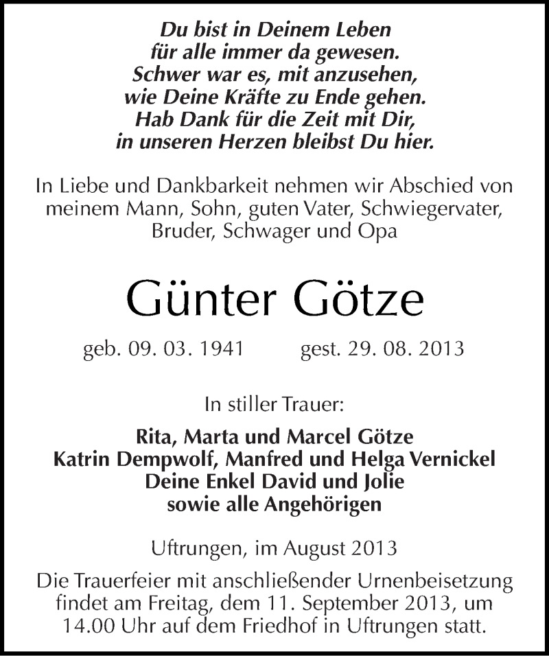  Traueranzeige für Günter Götze vom 04.09.2013 aus Mitteldeutsche Zeitung Sangerhausen