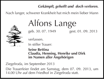 Traueranzeige von Alfons Lange von Mitteldeutsche Zeitung Merseburg/Querfurt