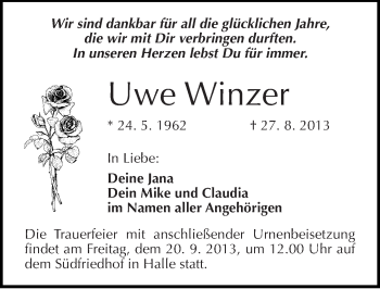 Traueranzeige von Uwe Winzer von Mitteldeutsche Zeitung Halle/Saalkreis