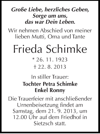 Traueranzeige von Frieda Schimke von Mitteldeutsche Zeitung Halle/Saalkreis