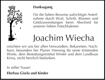 Traueranzeige von Joachim Wiecha von Mitteldeutsche Zeitung Bitterfeld