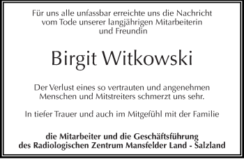 Traueranzeige von Birgit Witkowski von Mitteldeutsche Zeitung Mansfelder Land