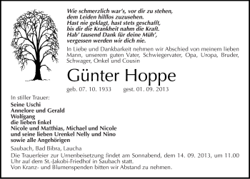 Traueranzeige von Günter Hoppe von Mitteldeutsche Zeitung Naumburg/Nebra