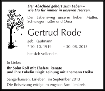 Traueranzeige von Gertrud Rode von Mitteldeutsche Zeitung Mansfelder Land