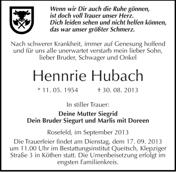 Traueranzeige von Hennrie Hubach von Mitteldeutsche Zeitung Köthen