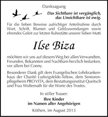 Traueranzeige von Ilse Biza von Mitteldeutsche Zeitung Köthen