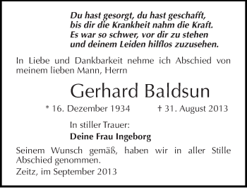 Traueranzeige von Gerhard Baldsun von Mitteldeutsche Zeitung Zeitz