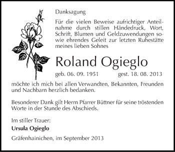 Traueranzeige von Roland Ogieglo von Mitteldeutsche Zeitung Wittenberg
