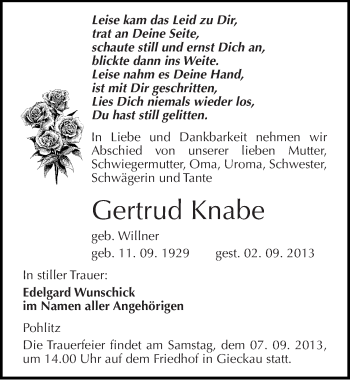 Traueranzeige von Gertrud Knabe von Mitteldeutsche Zeitung Naumburg/Nebra