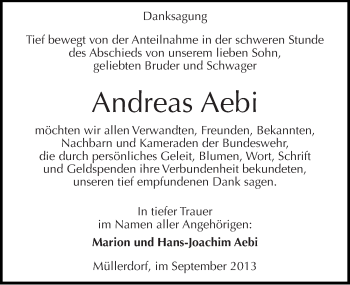 Traueranzeige von Andreas Aebi von Mitteldeutsche Zeitung Halle/Saalkreis